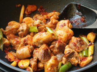 13、辣子鸡,继续煸炒鸡块，炒干水分。
