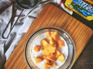 6、港式甜品 木瓜椰奶西米露,加入切好的木瓜块