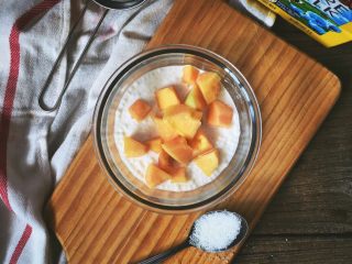 7、港式甜品 木瓜椰奶西米露,根据自己的口味,加一勺糖调味即可