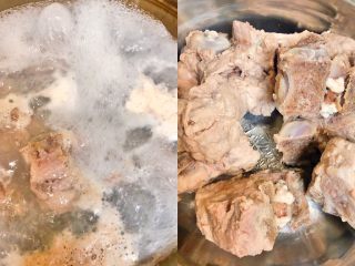 1、简易版炖排骨（懒人排骨）,脊骨放料酒焯水去腥去除杂质。
