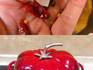 4、简易版炖排骨（懒人排骨）,接着放干辣椒，花椒，盐和冰糖（我只加了一颗，喜欢再甜一点的可以多加几颗）然后转小火盖上盖子炖40分钟。我用的珐琅锅40分钟就可以很软了。