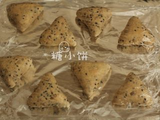 9、杂粮三角包,全部整形好，收口朝下放置。表面盖好保鲜膜放在温暖湿润处发酵。