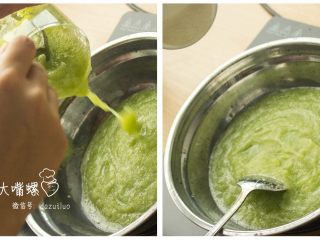 10、蜜汁果冻爽过葛优瘫,芹菜汁倒入锅内加入三大勺吉利丁粉，加热搅拌烧开，倒入之前容器作为第三层。（再友情提示：戴上第二层口罩，因为芹菜会散发迷之香味（芹菜控表揍我）