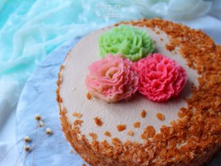 20、 可可漩涡蛋糕,在蛋糕周边贴上可可薄脆片，同时在表面也撒上适量的可可薄脆片，蛋糕便完成了