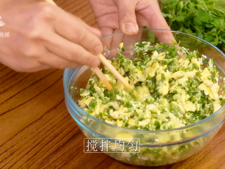 10、豌豆苗树叶饺子,把美食吃出艺术感,拌匀调味;