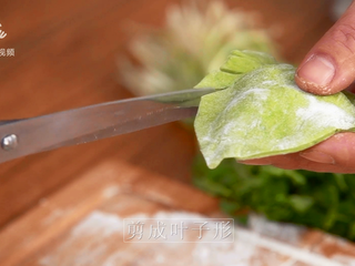17、豌豆苗树叶饺子,把美食吃出艺术感,用剪刀将四周剪出锯齿状