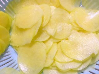 6、平底锅版健康无油香脆薯片,将浸泡几分钟后的土豆片倒入菜篓子，用清水冲洗，稍沥干水份