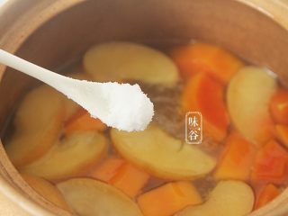 9、木瓜苹果瘦肉汤,关火前加入适量的食盐调味；