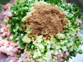 8、冰花锅贴,准备好肉馅，加入切碎的小葱和生姜，放上十三香。