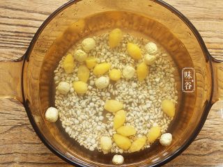 9、腐竹白果薏米糖水,再放入适量清水，盖好锅盖，大火煮开后小火煮1小时；