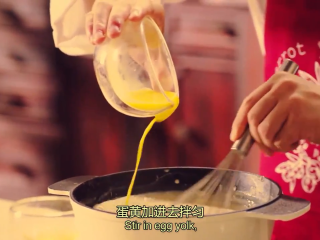 12、橙香米蛋糕,蛋黄加入到稍微放凉的米里,拌匀,接着加入蔓越莓干,最后加入橙皮,拌匀