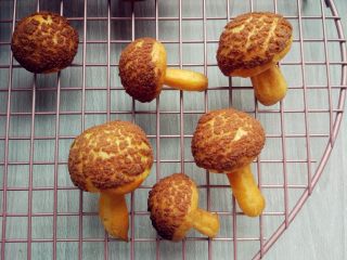 16、 酥皮蘑菇泡芙,用裱花嘴将打发好的淡奶油从底部中间的小孔挤入，再把长条状的泡芙塞在里面，一个泡芙蘑菇就做好了