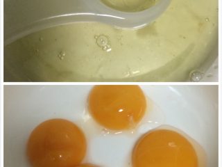 1、葡萄干戚风蛋糕,如图将蛋清、蛋黄分离;