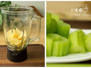 6、蜜汁果冻爽过葛优瘫,将事先准备好的薯片，芹菜丁分别放入搅拌机。（搅拌完土豆片后需要洗干净搅拌筒，如果你家里有三台搅拌机可以不洗，我还要再尊称你一声：大佬！）