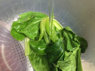 6、辅食鸡蛋蔬菜粥,小油菜在水龙头下冲洗干净，尤其是根部，一定搬开里面一个个的洗干净