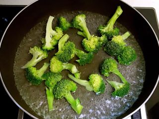 3、虾仁西蓝花饭团,锅内加入冷水烧开后放入西蓝花，焯水2分钟