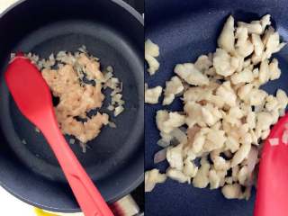 2、宝宝辅食：三文鱼鸡肉米披萨,锅中放少许植物油，中火加入洋葱煸炒出香味，然后加入处理好的鸡肉丁，翻炒2-3分钟至熟软，鸡肉表面呈现一点金黄色，盛起备用。