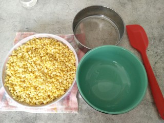 4、免炒无油无糖~清甜绿豆冰糕,免炒版的就要过筛:准备好一个过滤网(面粉筛),大碗,硅胶铲