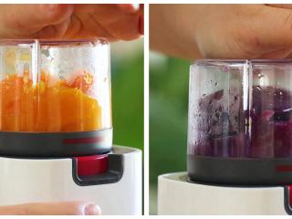 4、9m+小鸡馒头(宝宝辅食),把红薯和紫薯搅打成泥,紫薯比较干,需要加少量的温水再打~