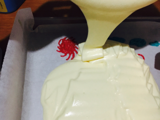 12、蛋糕卷,倒去蛋黄糊,覆盖图案!