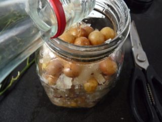 8、黄皮冰糖泡酒,直至瓶子7分满，倒入酒，