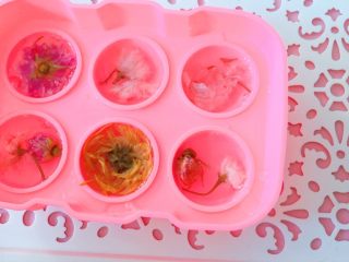 12、佳儿的水信玄饼●少女心怦怦滴,接下来，把花花放进去，尽量舒展花叶，这样塑型更漂亮，樱花球里可以放一朵，也可以放多朵，樱花杆，可以不要，也可以带着，这个随你喜欢。你觉得什么样好看，就什么样子放，呵呵。但是要花的正面朝下放，因为等下，我们要她倒过来装盘的哦。