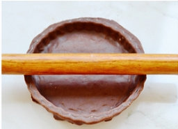 11、雪梨双倍巧克力塔 ,去除边角，并用叉子在塔底上扎些孔，以防鼓起来。