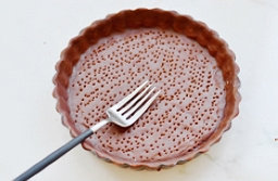 12、雪梨双倍巧克力塔 ,铺上提前裁好的油纸，并放上有些重量的东西，放在烤盘上。