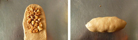 5、记忆中的最爱~~~~摩卡咖啡面包,用擀面杖把小面团擀开成牛舌状，翻面后铺上馅料，并用手轻轻按压后，小心得由上而下卷起，封口处捏紧并朝下排入烤箱，开始二发。