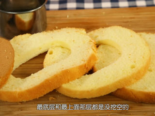 18、戚风蛋糕,接下来实在装饰部分,把蛋糕平均切成四片,中间两片挖空,然后把淡奶油加糖打发至抹面的状态,什么是抹面的状态?看看视频就知道了,也就是我常说的出现纹路不消失的状态