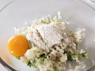 5、香香的小藕饼,加入鸡蛋、面粉/淀粉、一点点盐(可不加)。