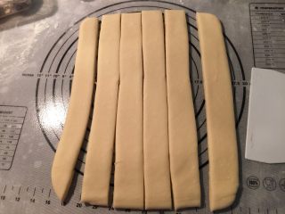 9、起酥手撕包,把面片切成6长条，每条宽约2.5CM