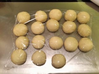 5、三股辫子面包,将面团平均分成6份，再平均分成3份，盖上保鲜膜后静置20分钟