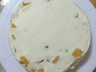 14、缤纷水果奶油蛋糕,再抹上一层奶油，基本盖住水果，抹平，第二层也如此操作