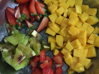 18、缤纷水果奶油蛋糕,取三颗草莓，分别切成6小块；其余切粒