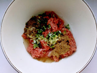 4、牛肉盒子,加入葱、姜、五香粉、胡椒粉、花椒粉和适量高汤。