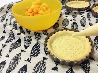 20、迷你芒果挞,芒果切成小粒,从冰箱里取出冷藏过的卡仕达酱,将入裱花袋。