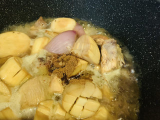 15、杏鲍菇烧鸡块,加十三香，翻拌均匀，大火盖住锅盖焖煮；