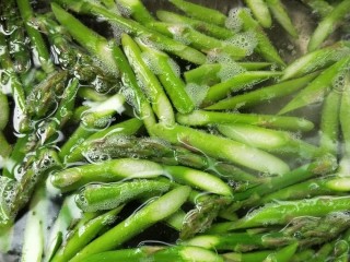 3、菌类料理+鲜掉眉毛的炒三鲜(芦笋杏鲍菇干贝),水烧开，放少许盐，倒入芦笋焯烫一下。