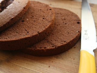 19、黑森林蛋糕,烤好的蛋糕倒扣凉透，脱模后分成三片。