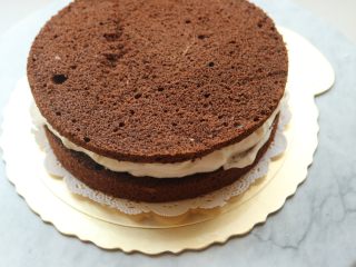 22、黑森林蛋糕,抹上奶油，再摞上一片蛋糕片。