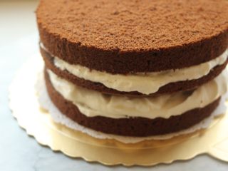 23、黑森林蛋糕,最后三片蛋糕片全部摞上去。