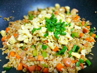 13、好吃到飞起的虾仁酱油炒饭,撒上葱花。