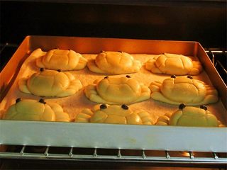 11、教你不用模具也可自制纯手工DIY月饼,入烤箱烤四五分钟,待花纹定型后,取出来刷一层薄薄的蛋黄水,再放入烤箱,烤10-15分钟左右,自己注意留心观察,不要烤焦了,提醒一下刷月饼的蛋