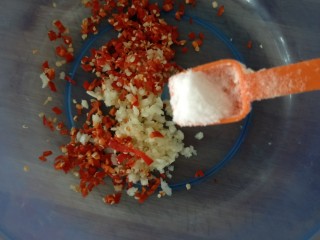 5、香辣木瓜丝,剁好的大蒜和辣椒放干净的盆里，放入盐