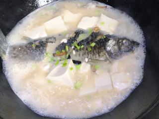 21、浓汤鲫鱼炖豆腐,撒一点点葱花,关火,浓汤鲫鱼炖豆腐就完成了
