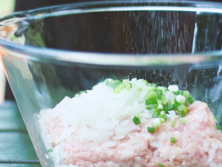8、瑞典肉丸,容器内加入葱末、洋葱末、盐、生抽、生粉。