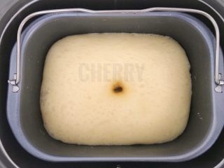 11、#家有烤箱#黑芝麻豆沙面包,当面团比原先大1、5-2倍大时用手指蘸上面粉，在中间戳下不反弹就可以操作下一步了。