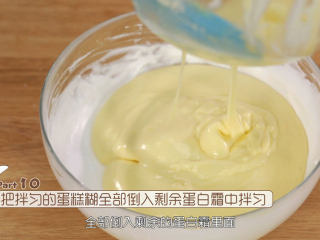 10、基础原味蛋糕卷,再次检查蛋白霜，确保把边缘不均匀的蛋白霜也检查到位，然后把蛋糕糊加入到蛋白霜里面，同样用翻拌的手法把蛋糕糊混匀