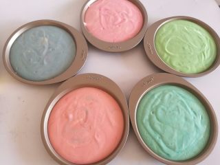 12、彩虹蛋糕,12.把面糊分别放入彩虹盘模具中